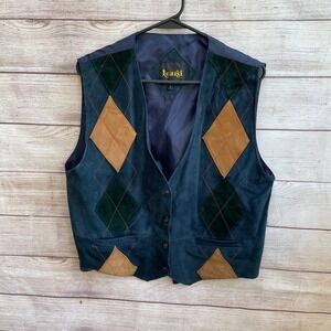 EXCELLENT CONDITION VINTAGE LEARSI LEATHER VEST IN ARGYLE‎ DESIGN